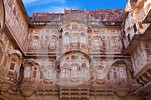 Exterior of palace in famous Mehrangarh Fort in Jodhpur, Rajasthan state, India