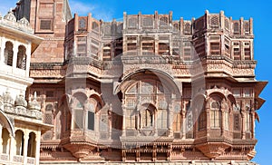 Exterior of palace in famous Mehrangarh Fort in Jodhpur, Rajasthan state, India