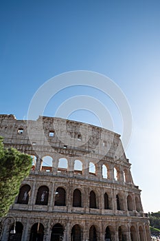 Exterior Panorama of the Roman Colosseum on a sunny day in Rome, Italy