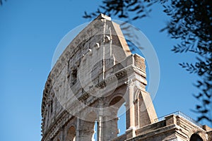 Exterior Panorama of the Roman Colosseum on a sunny day in Rome, Italy