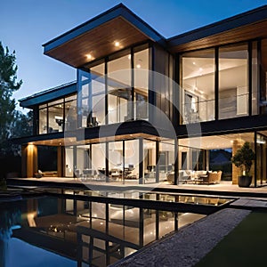 Exterior photography of a high end home, modern and minimalist design home in the evening hours,