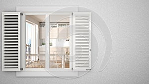 Exterior plaster wall with white window with shutters, showing interior modern kitchen, blank background with copy space,