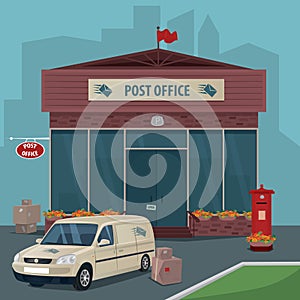 Exterior of post office and car of postal service