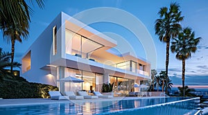 Exterior of private house luxury villa. Modern architecture real estate with swimming pool