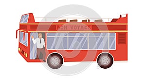 Exterior of red double-decker tour bus with driver. Open roof city transport with two decks for sightseeing. Colored