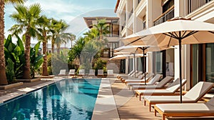 exterior of a relaxation area by the pool with sun loungers and palm trees in an expensive luxury resort