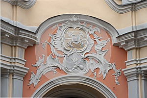 Exterior rococo decoration of the Holy Spirit Church of Vilnius with coats of arms