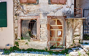 Exterior of a ruined abandoned traditional house