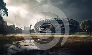 Exterior of a ruined sport stadium. Destroyed building at the backdrop of dramatic sky. Low angle view. Generative AI