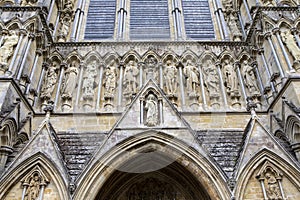 Exterior of Salisbury Cathedral in Wiltshire, UK