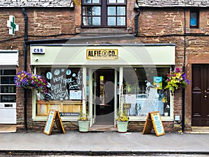 Exterior shop front view of Alfie & Co. Country Coffee House & Gift shop, Drymen, Scotland, UK