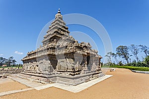 Exterior of the Shore Temple complex in Mamallapuram, Tamil Nadu, South India