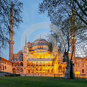 Exterior shot of Sultan Ahmed Mosque Blue Mosque after sunset, Istanbul, Turkey