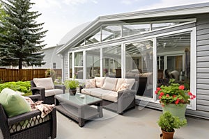 exterior shot of sunroom from the homes backyard