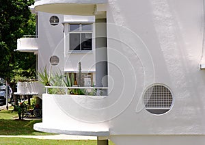 Exterior side view of old public housing in Tiong Bahru heartland estate. The art deco inspired architecture of old flats are very