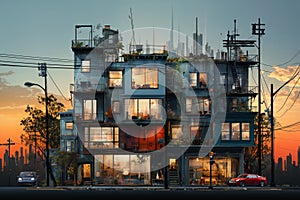 the exterior of a small low rise Asian style apartment building, a city street, a bit of a mess, light in the apartments