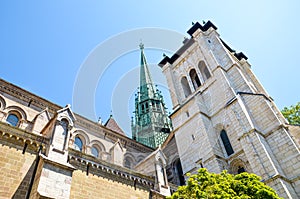 Exterior of St. Pierre Cathedral in Geneva, Switzerland. Built as Roman Catholic cathedral, but became Reformed Protestant Church