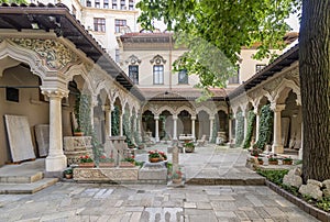 The exterior of the Stavropoleos Monastery in the historic center of Bucharest, Romania