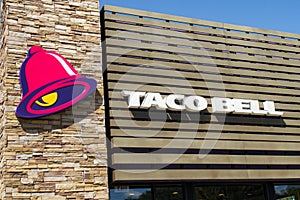 Exterior store front logo of Taco Bell American fast food chain restaurant, OCALA, FLORIDA USA, OCTOBER 14, 2023 Mexican inspired