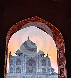 Exterior of The Taj Mahal ,ivory-white marble mausoleum