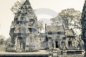 Exterior of Temple of Banteay Srei, Siem Reap, Cambodia in sepia