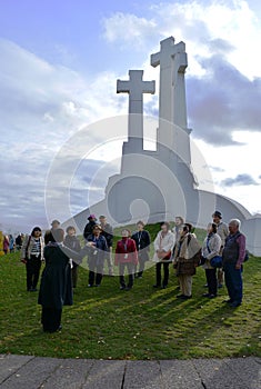 Vilnius, Lithuania - October 05 2019 : Exterior of the Three Crosses at the Three Crosses hill in Vilnius, Lithuania.