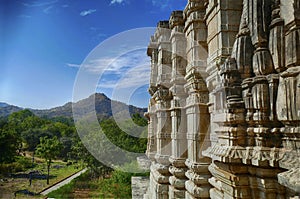 Exterior towers and columns of  Chaturmukha Dharana Vihara   Jain temple photo