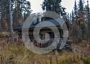 Exterior of Traditional Finnish Sauna in Taiga Forest