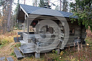 Exterior of Traditional Finnish Sauna in Taiga Forest