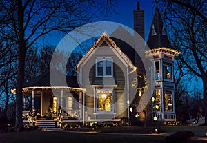 Exterior of victorian home decorated for Christmas