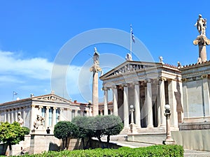 Exterior view of the Academy of Athens, Greece\'s national academy, and the highest research establishment in the country.