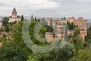 Exterior view at the Alhambra citadel, alcazaba, Charles V and nasrid Palaces and fortress complex, view from Generalife Gardens,