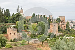 Exterior view at the Alhambra citadel, alcazaba, Charles V and nasrid Palaces and fortress complex, view from Generalife Gardens,