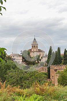 Exterior view at the Alhambra citadel, alcazaba, Charles V and nasrid Palaces and fortress complex, view from Generalife Gardens,