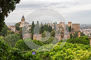 Exterior view at the Alhambra citadel, alcazaba, Charles V and nasrid Palaces and fortress complex, view from Generalife Gardens,