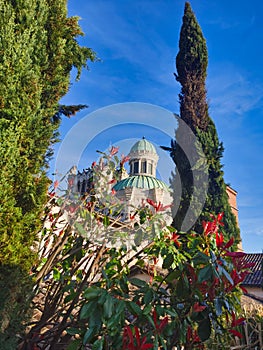 Exterior view of the basilica of Ars-sur-formans. Catholic church photo