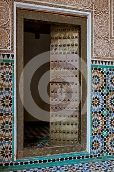 Exterior view of Ben Youssef Madrasa's corner in Marrakech, Morocco.