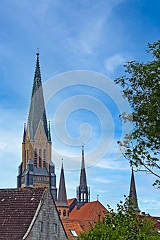 Exterior view of the brick facade of St. Peter Cathedral in Schleswig, Schleswig-Holstein, Germany