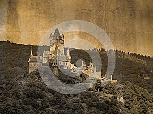 Exterior view of the Castle Reichsburg at Cochem, Germany, in vintage look