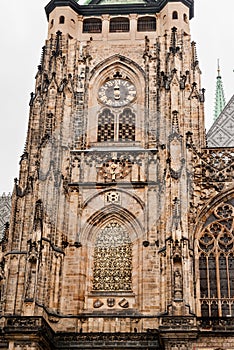 Exterior view clock tower of St. Vitus Cathedral, Prague, Czech Republic