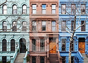 Exterior view of colorful old buildings in the Upper West Side neighborhood of Manhattan in New York City