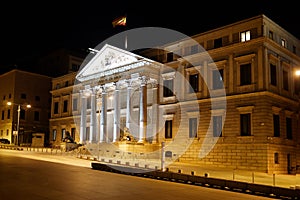 Exterior view of Congreso de los deputados congress of deputies Madrid Spain at night