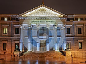 Facade of the Congress of Deputies in Madrid, Spain,. Night view photo