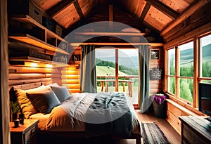 Exterior view of ecotourism tiny house bedroom, outdoor camping, traveling in your own vehicle with amenities, motor home, photo