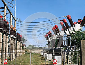 Exterior view of an electrical substation on a blue sky background