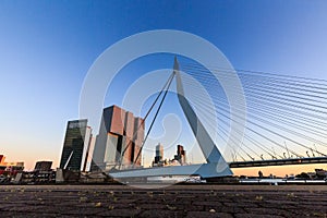 Exterior view of the Erasmus Bridge at sunset and the Maas