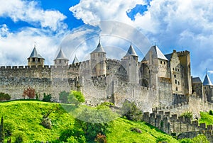 Exterior view of the fortress and citadel walls and towers o of medieval Carcassonne