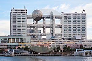 Exterior view of the Fuji TV building in Odaiba, Tokyo, Japan