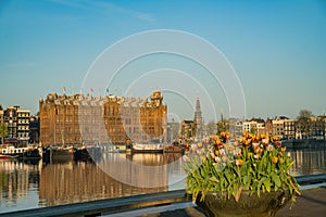 Exterior view of the Grand Hotel Amrath with colorful tulips blossom