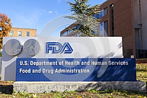 Exterior view of the headquarters of US Food and Drug Administration (FDA building and FDA sign)